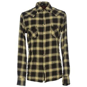 DONDUP Italian designer flannel button up logo black tan $200 grunge fall casual